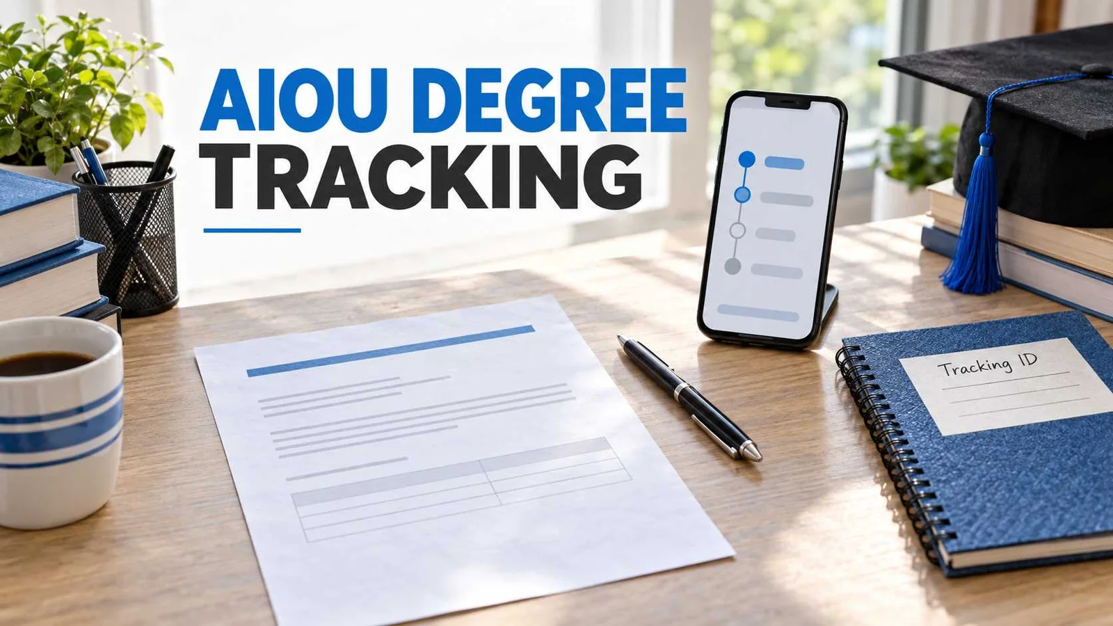 Desk with degree tracking notes and phone