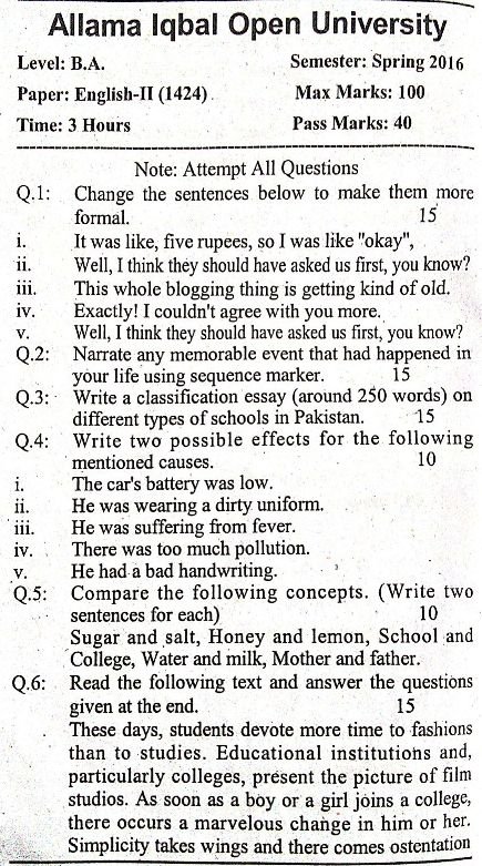 AIOU BA English Past Papers 1424 Code