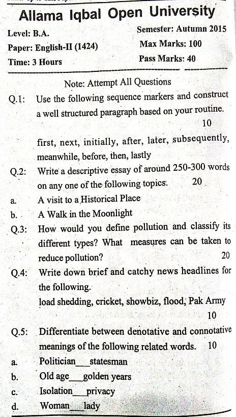 AIOU Past Papers English 1424 Code