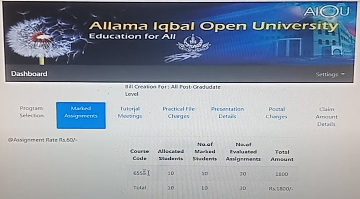 Check Marks Assignments AIOU Bill Online