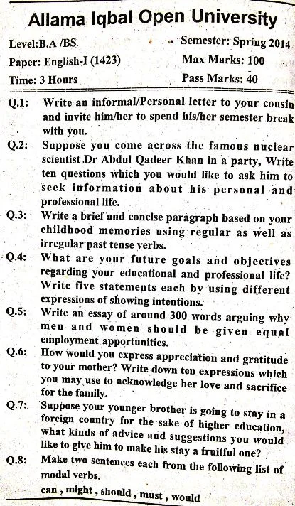 Allama Iqbal Open University BA 1423 Past Papers