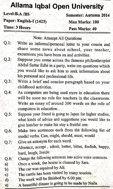 Allama Iqbal Open University BA Past Papers