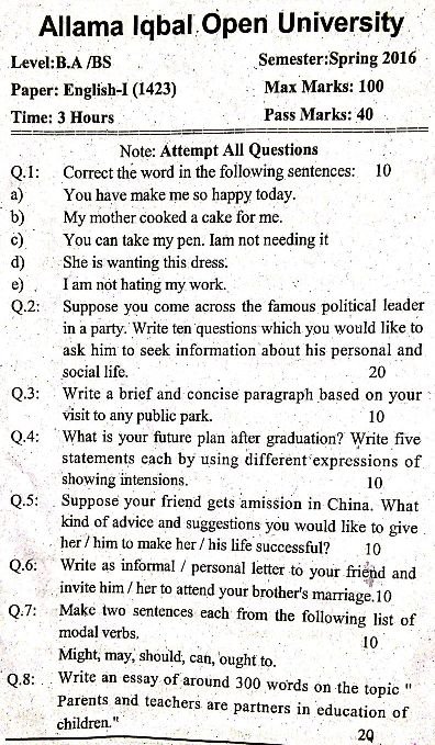Allama Iqbal Open University BS Past Papers