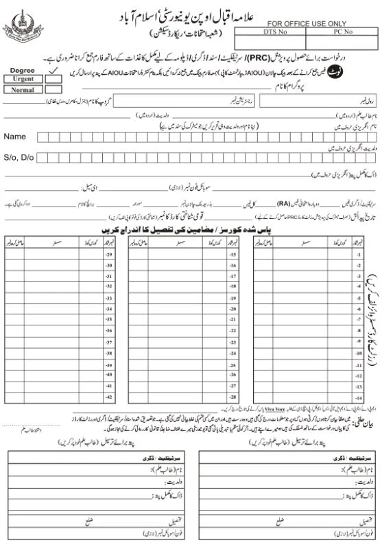 Allama Iqbal Open University Degree Form