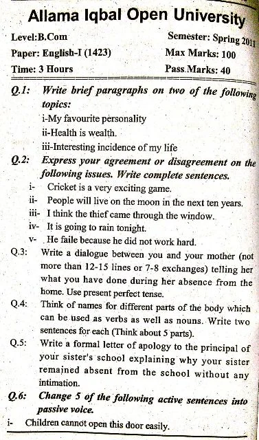 AIOU B.Com Past Papers 1423 English Code