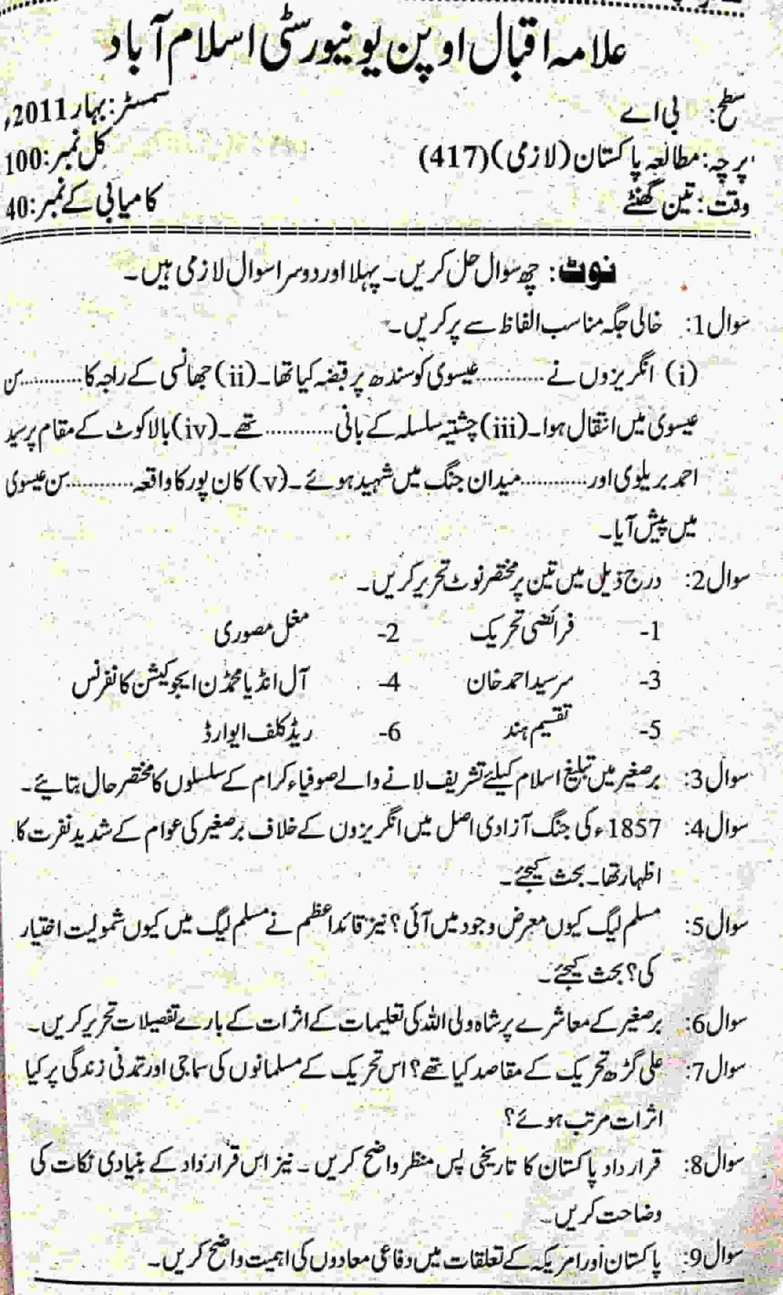 AIOU BA 417 Pakistan Studies Past Papers