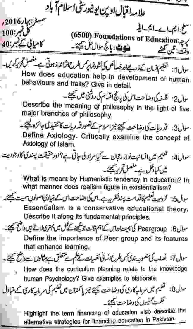 AIOU 6500 Code Past Papers MA M.ED Download