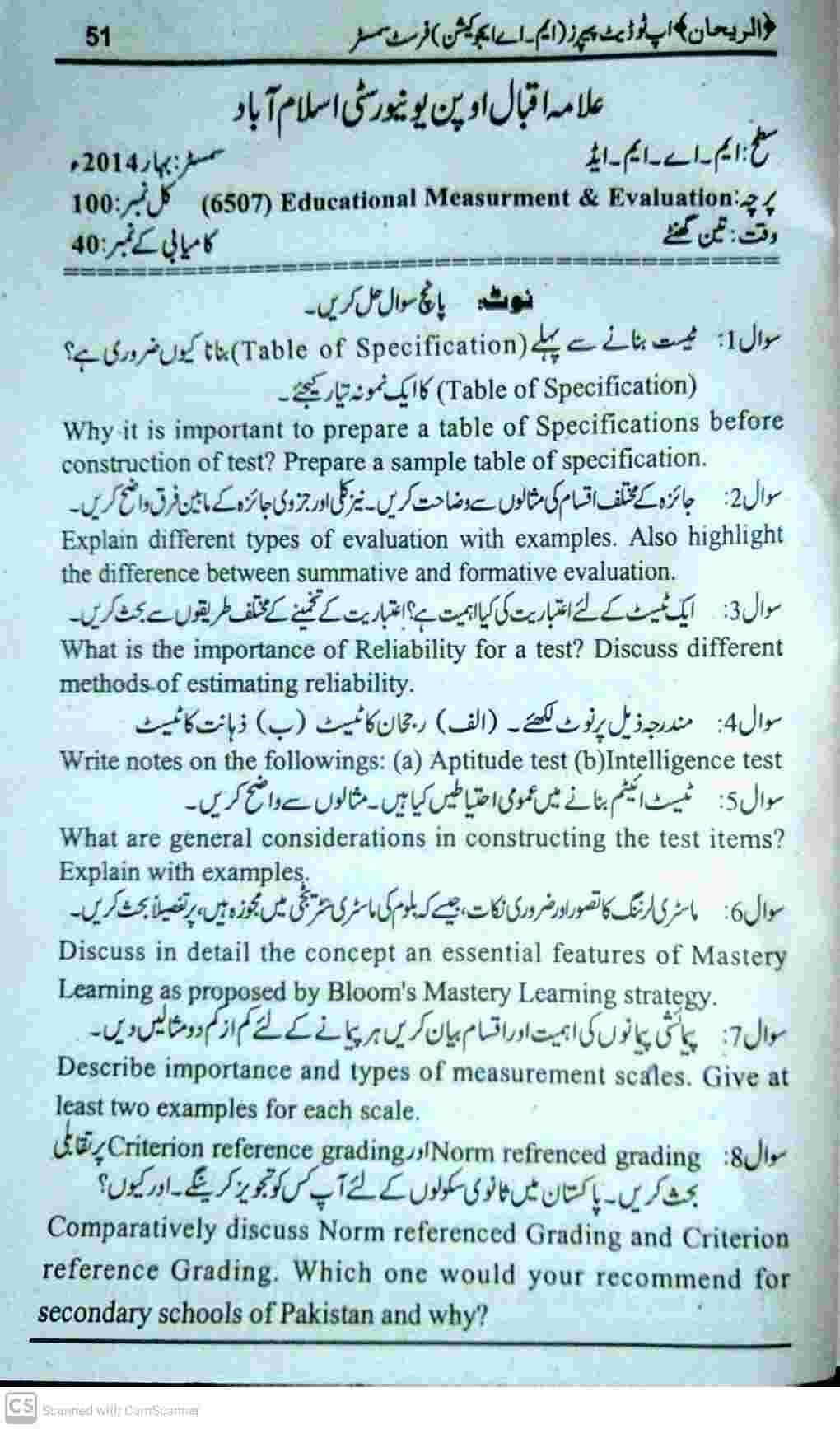 AIOU MA Educational Measurement Evaluation Past Papers 2014