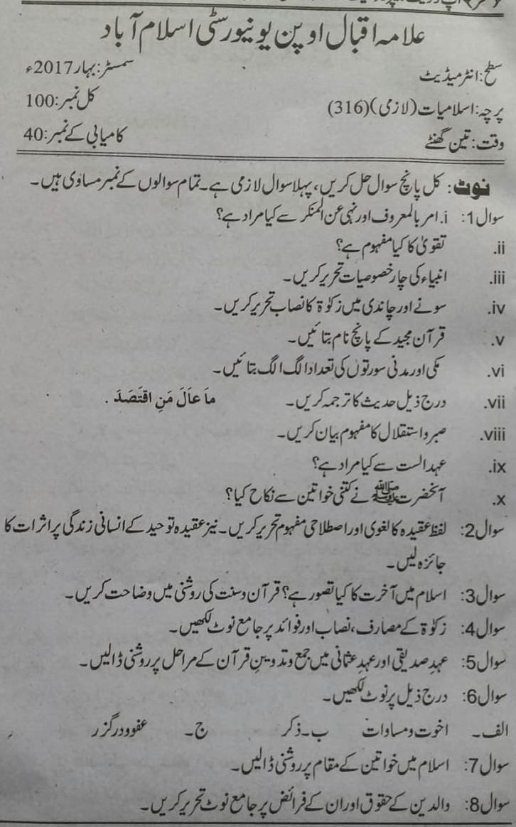AIOU Islamic Studies Past Papers 316 Code