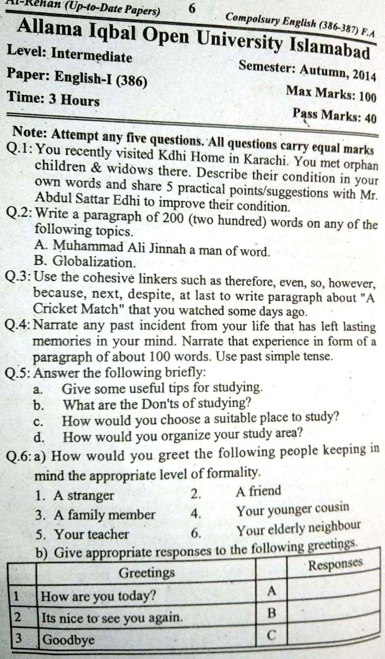 Compulsory English 386 AIOU Past Papers