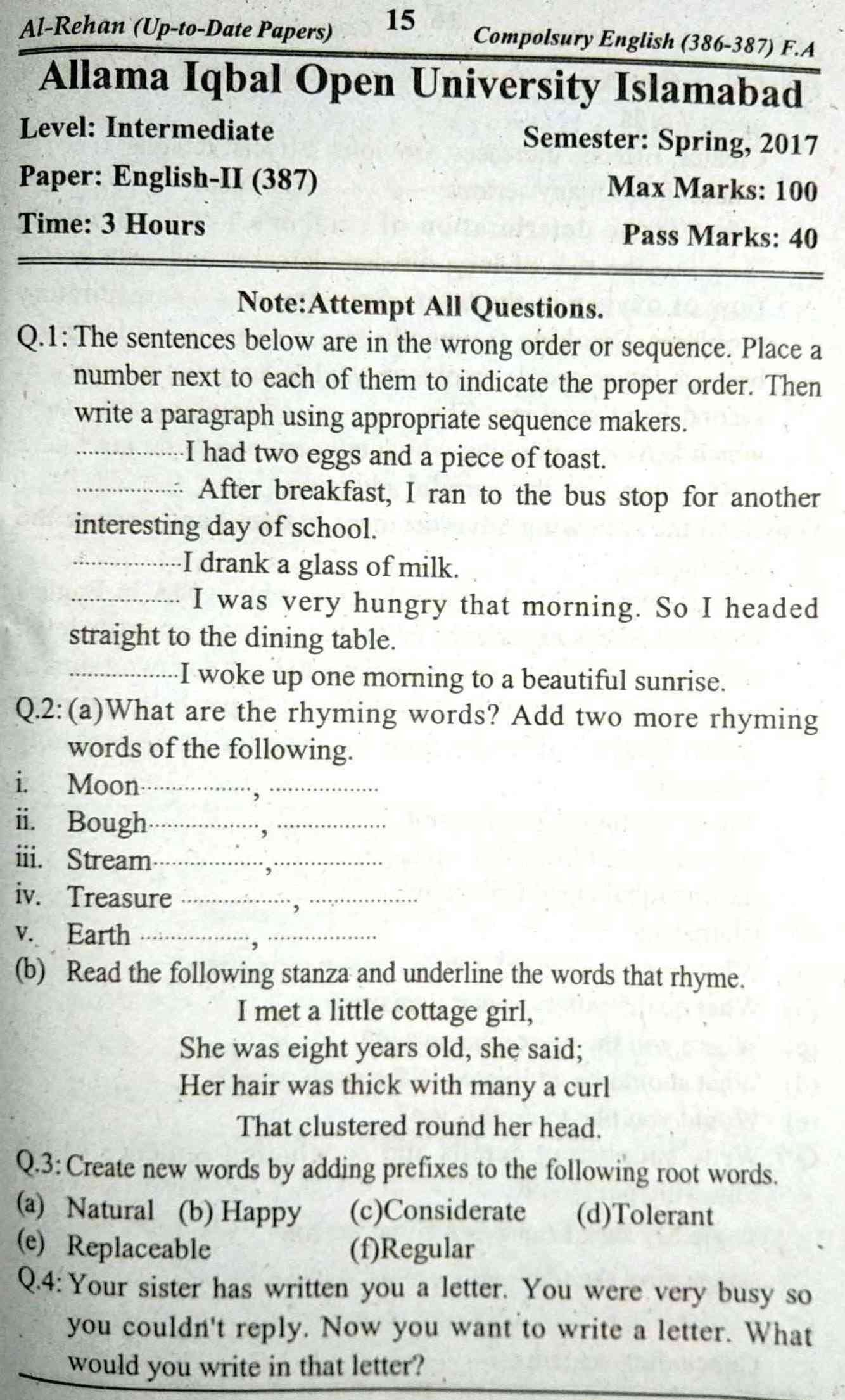 AIOU 387 FA Past Papers Download