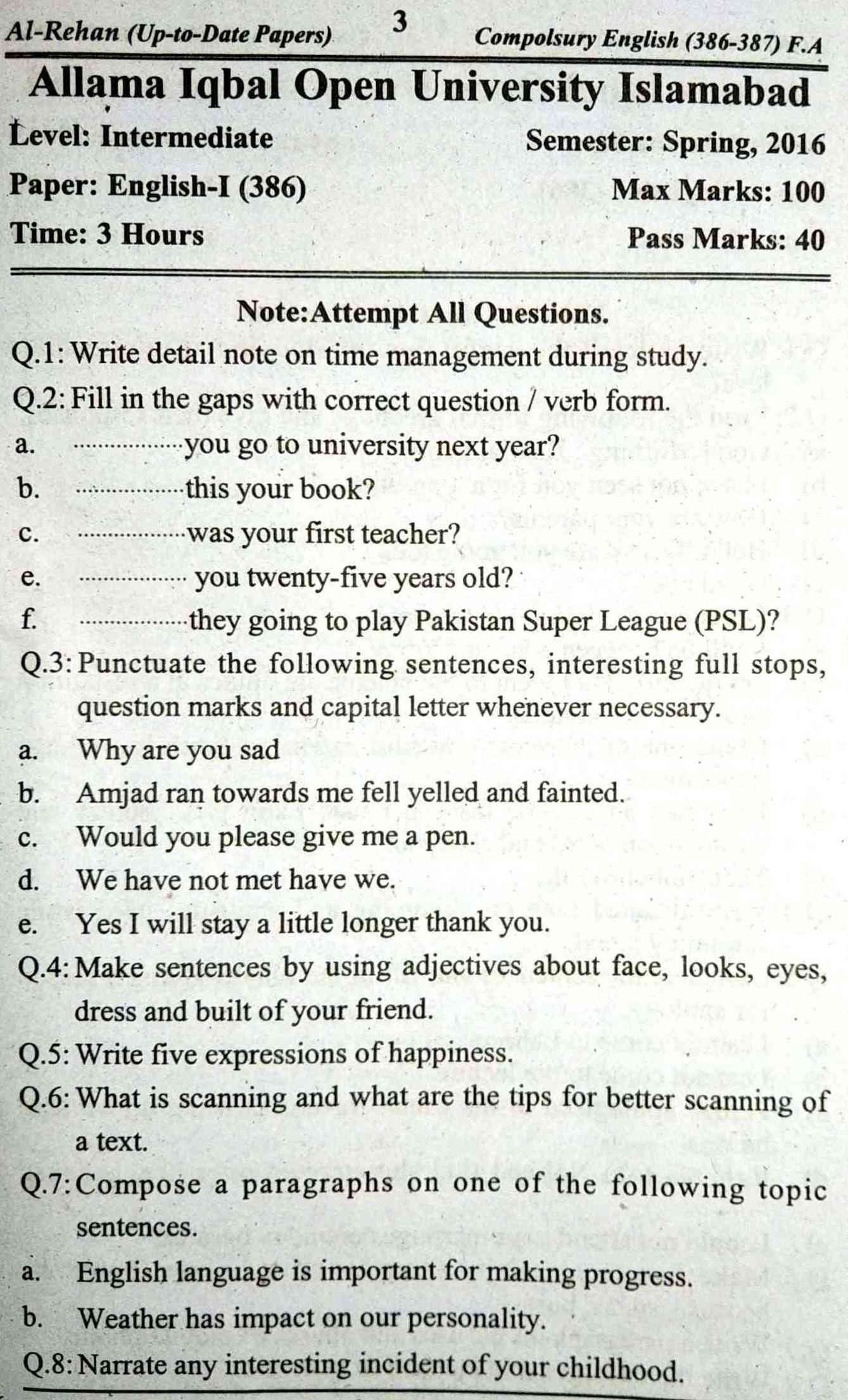 AIOU 386 Code Past Papers