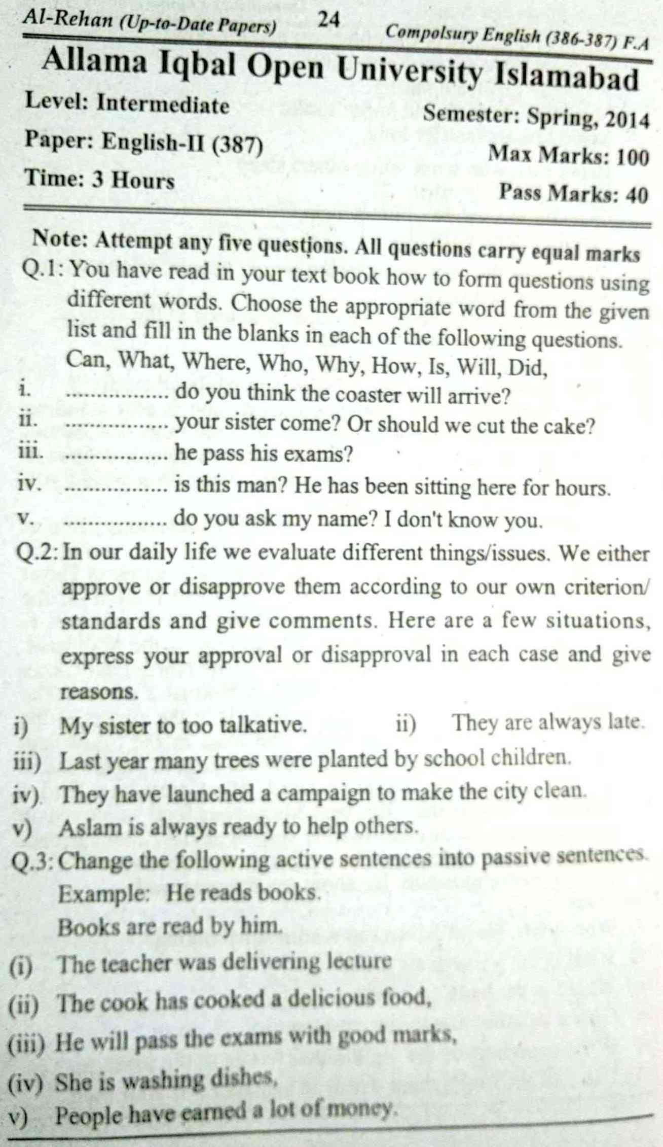 AIOU English 387 Past Papers FA