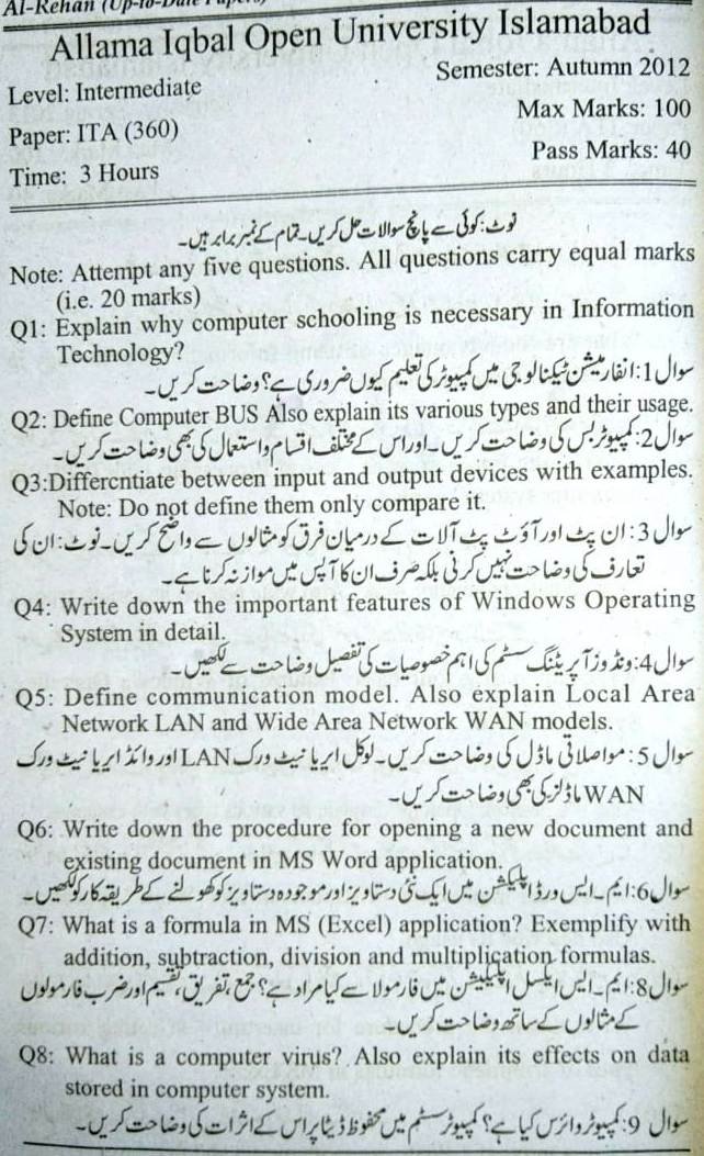 AIOU FA 360 Code Past Papers ITA