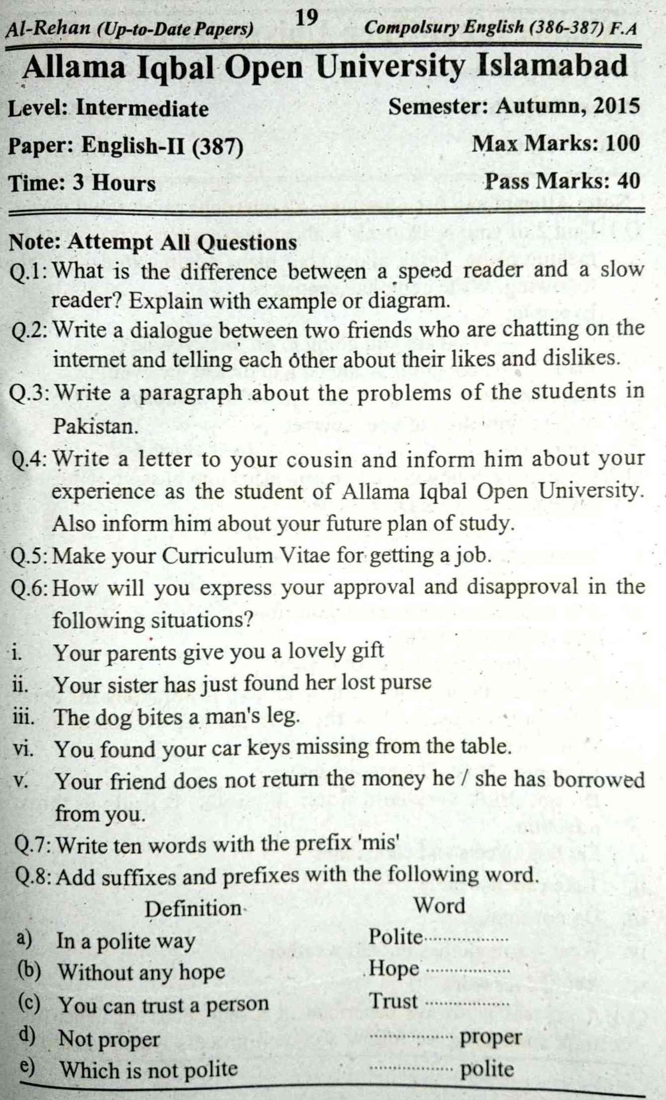 AIOU 387 Last Ten Years Past Papers