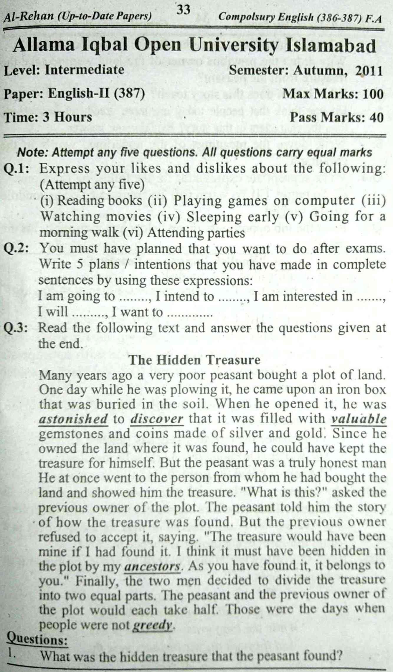 AIOU English Inter Past Papers 387