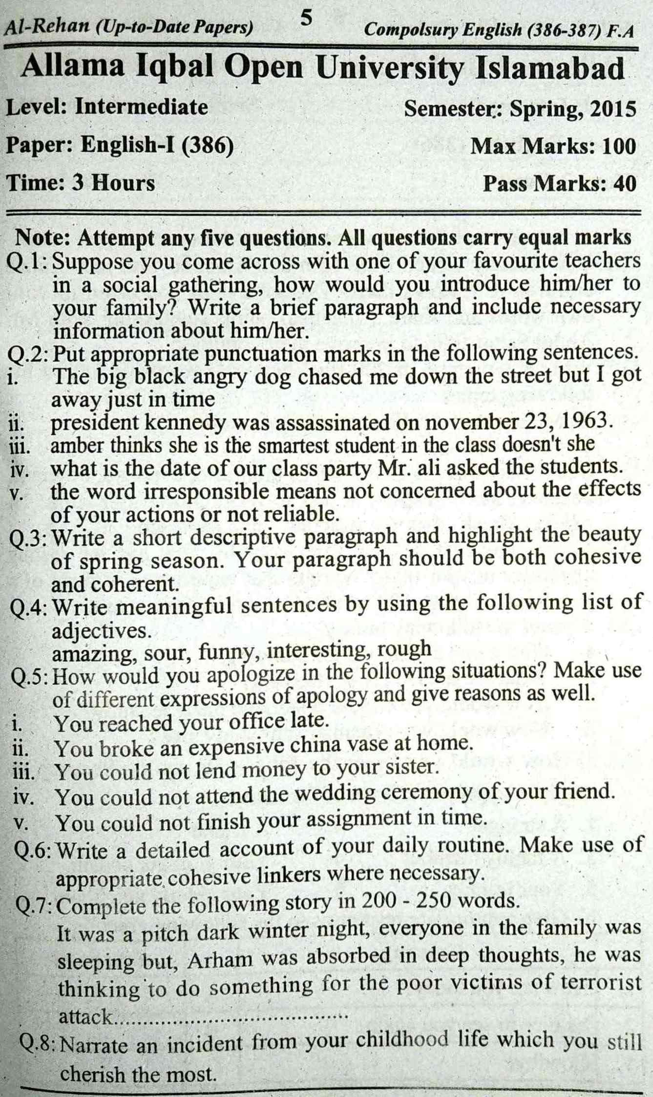 FA AIOU English-I Compulsory Past Papers