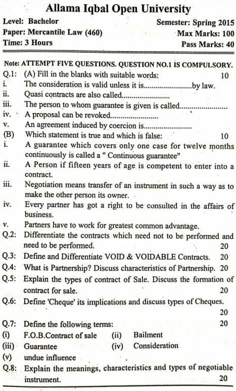Allama Iqbal University 460 Code Past Paper