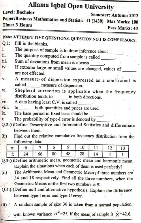 AIOU B.COM 1430 Past Papers