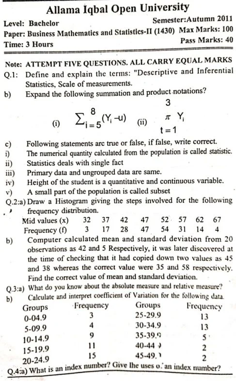 AIOU Business Mathematics Statistics-2 Past Papers