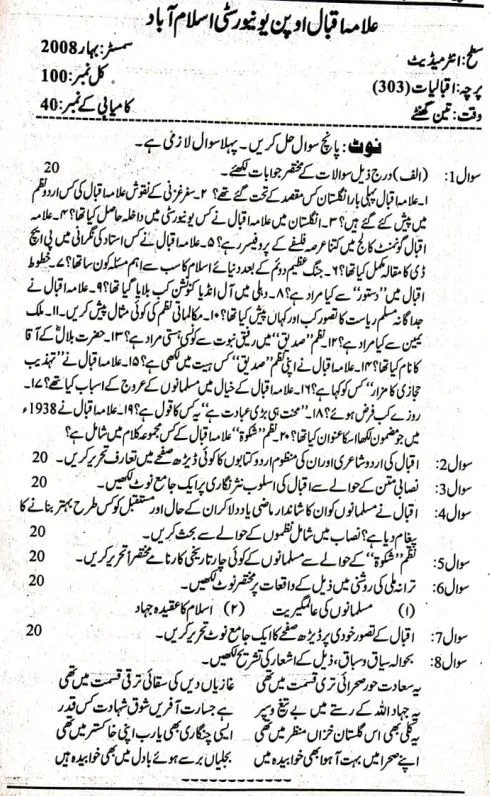 AIOU Iqbaliaat 303 Past Papers