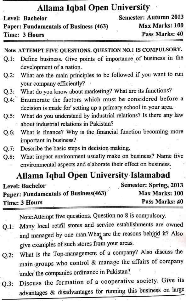AIOU B.COM 463 Code Past Papers