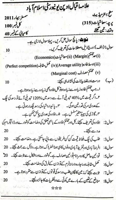 AIOU Code 315 Economic Past Paper