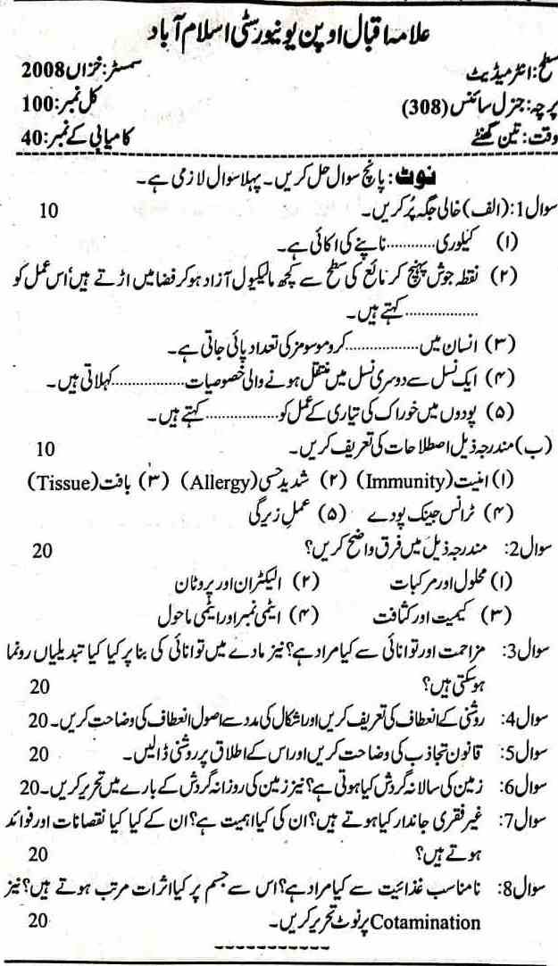 AIOU FA Past Papers Code 308