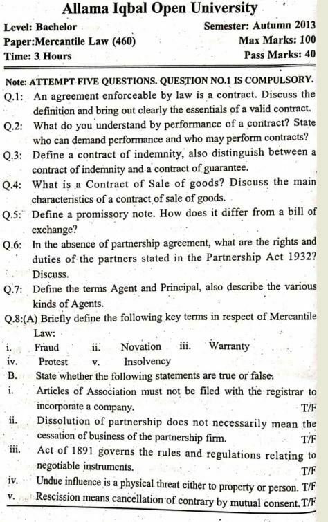 AIOU Code B.COM 460 Past Papers