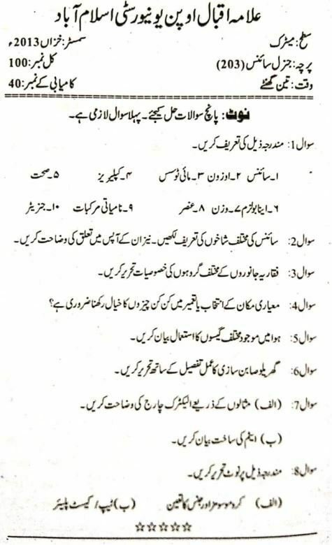 AIOU Matric 203 Past Paper