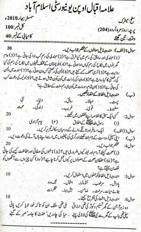 AIOU Matric Class Past Paper