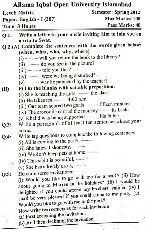 AIOU Code 207 English Past Paper