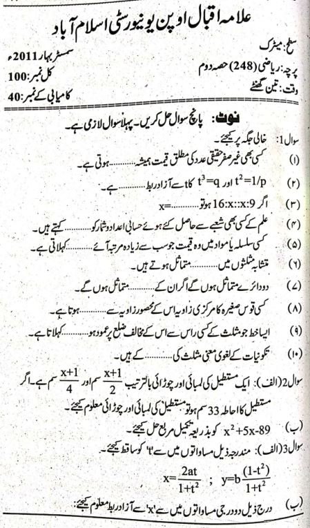 AIOU Code 248 Matric Past Paper
