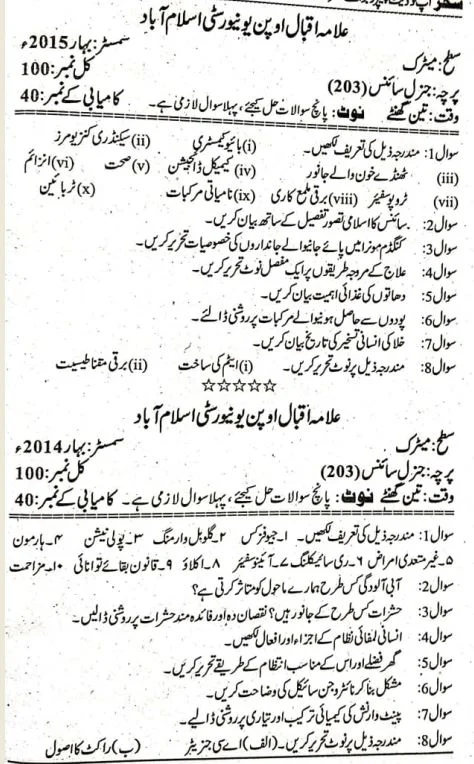 AIOU Past Paper 203 Course Code