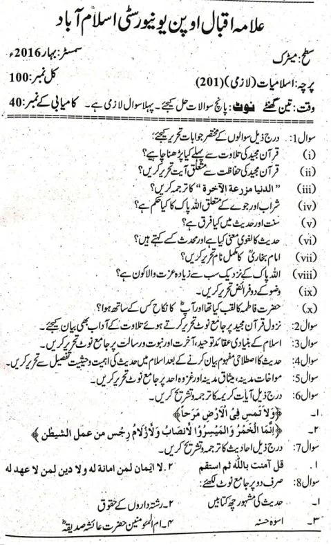 AIOU Code No 201 Past Paper