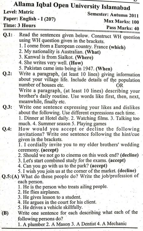 Allama Iqbal Open University 207 Past Paper