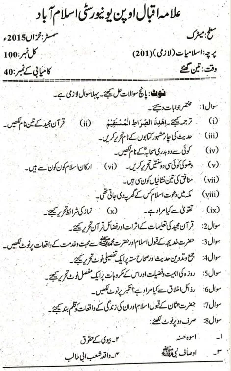 AIOU Islamiat Compulsory 201 Code Past Paper