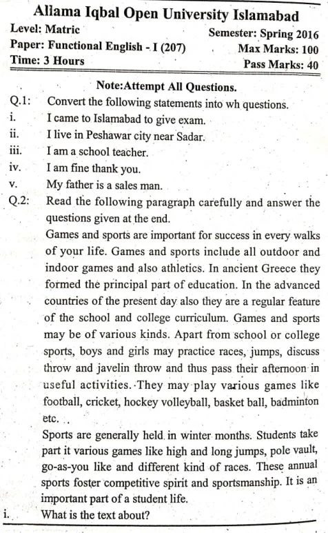 AIOU 9th class 207 Past Paper