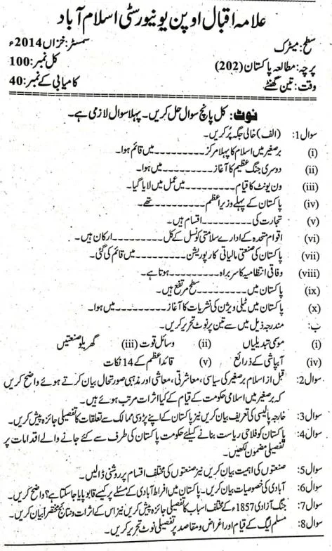 AIOU Matric Pak Studies Past Paper