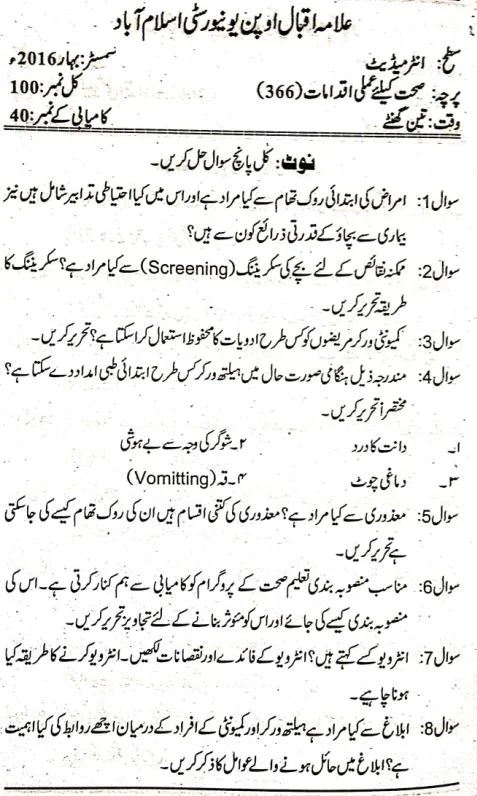 AIOU Intermediate 366 Past Paper