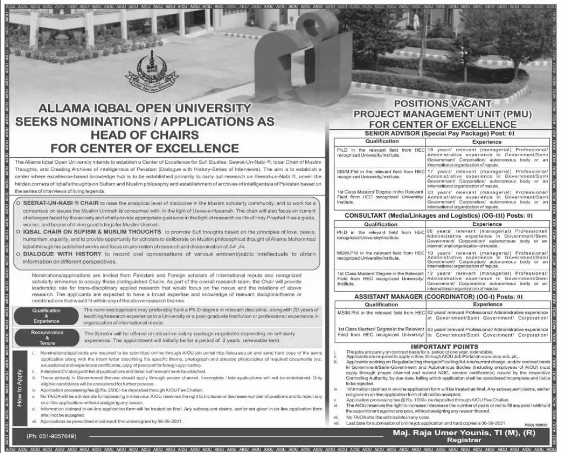 AIOU As Sufi-Studies, Seerat-Un-Nabi & Iqbal Chairs 2021 Jobs Apply online