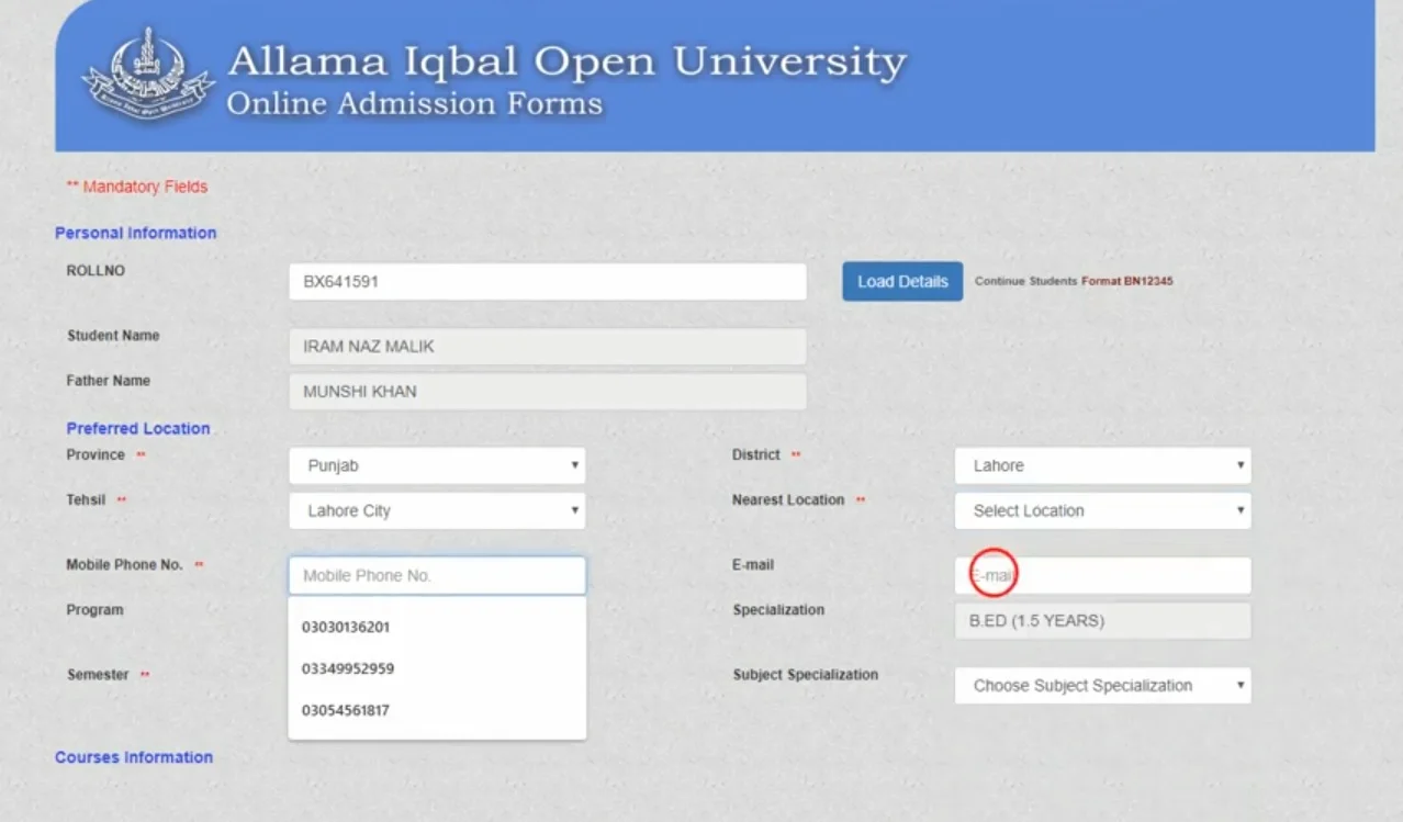 admission form aiou [B.ed, B.A, B.S, B.Com, M.Sc, M.A]