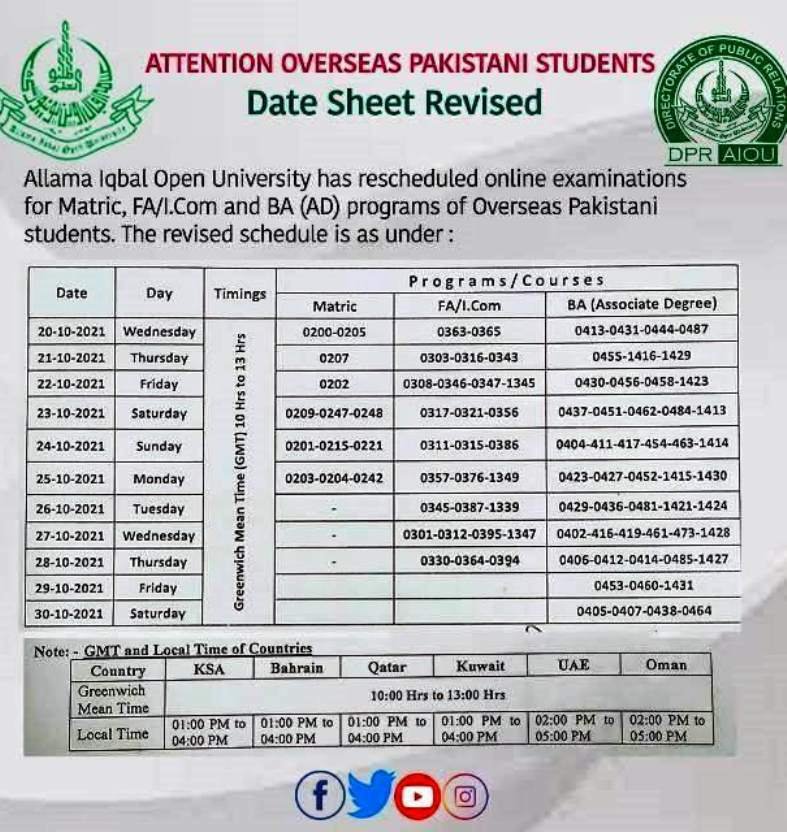 Aiou Matric FA BA Date Sheet 2022 For Overseas Pakistani Students 
