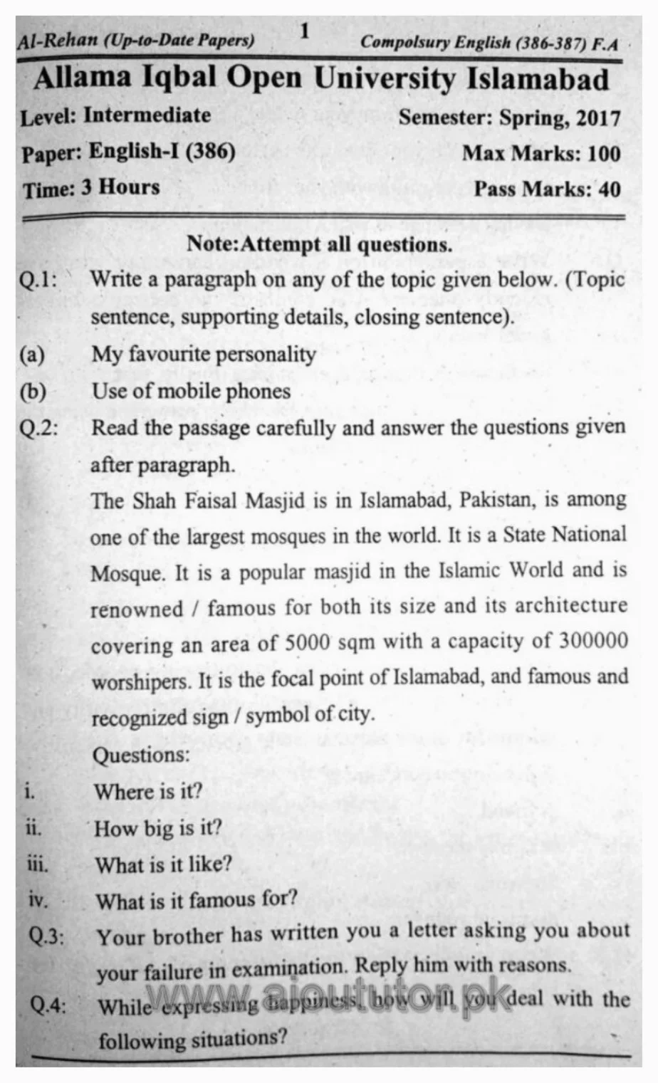 AIOU English-I Compulsory Past Papers01