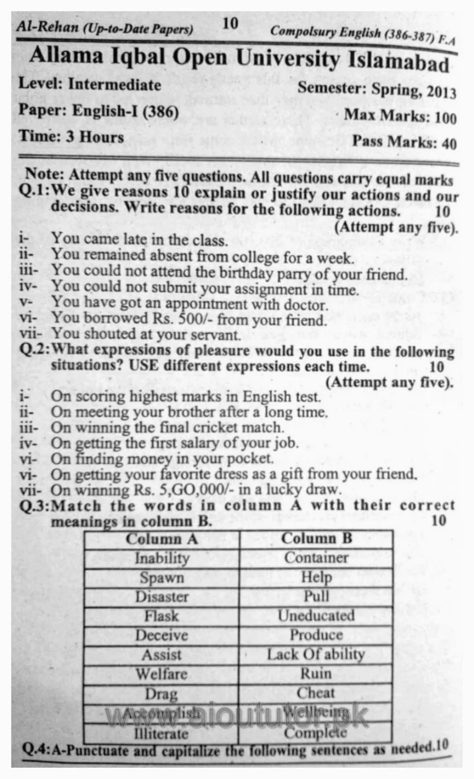 AIOU English-I Compulsory Past Papers02