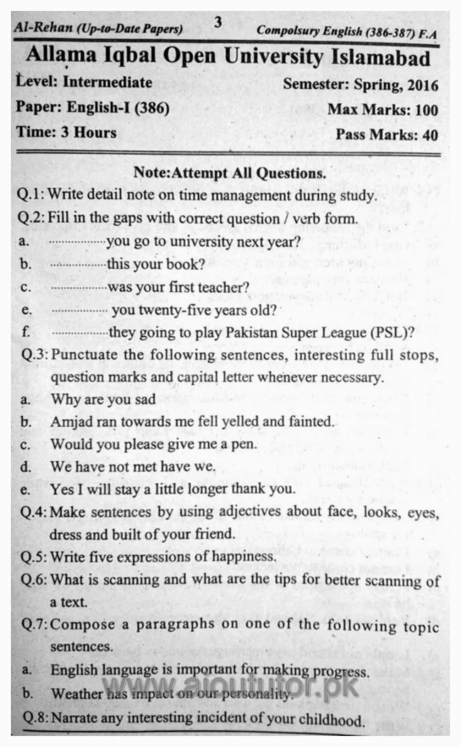 AIOU English-I Compulsory Past Papers08