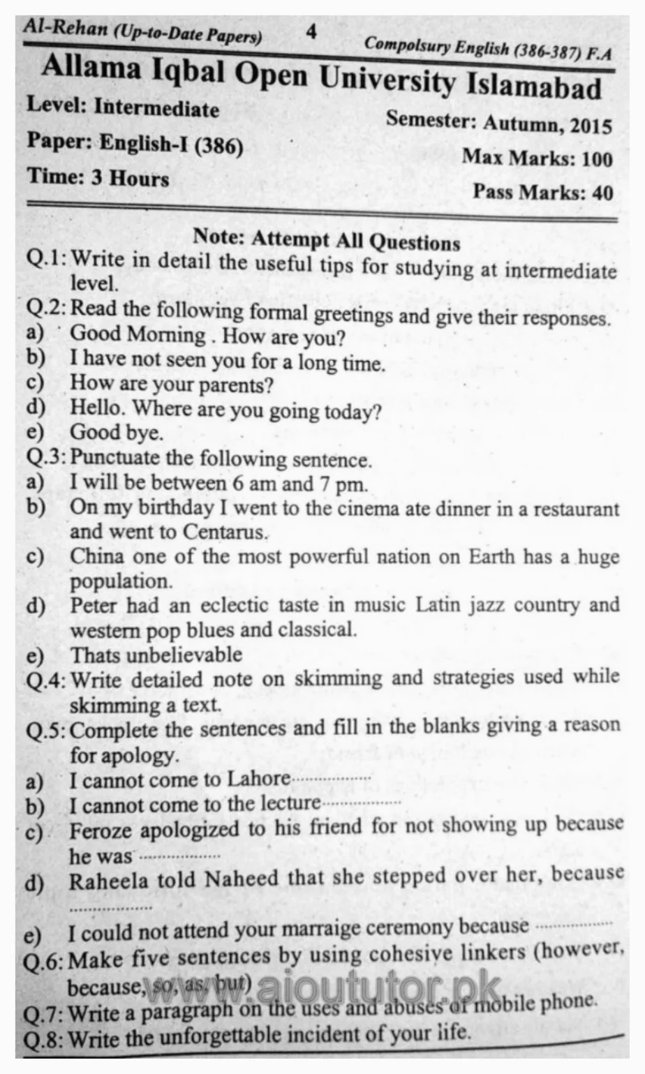 AIOU English-I Compulsory Past Papers09