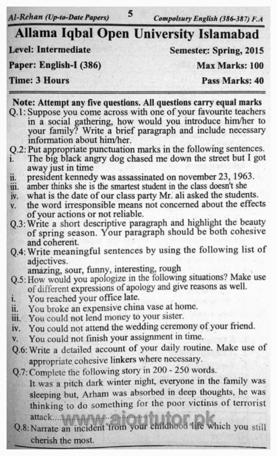 AIOU English-I Compulsory Past Papers10