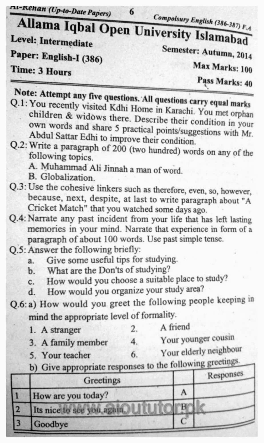 AIOU English-I Compulsory Past Papers11