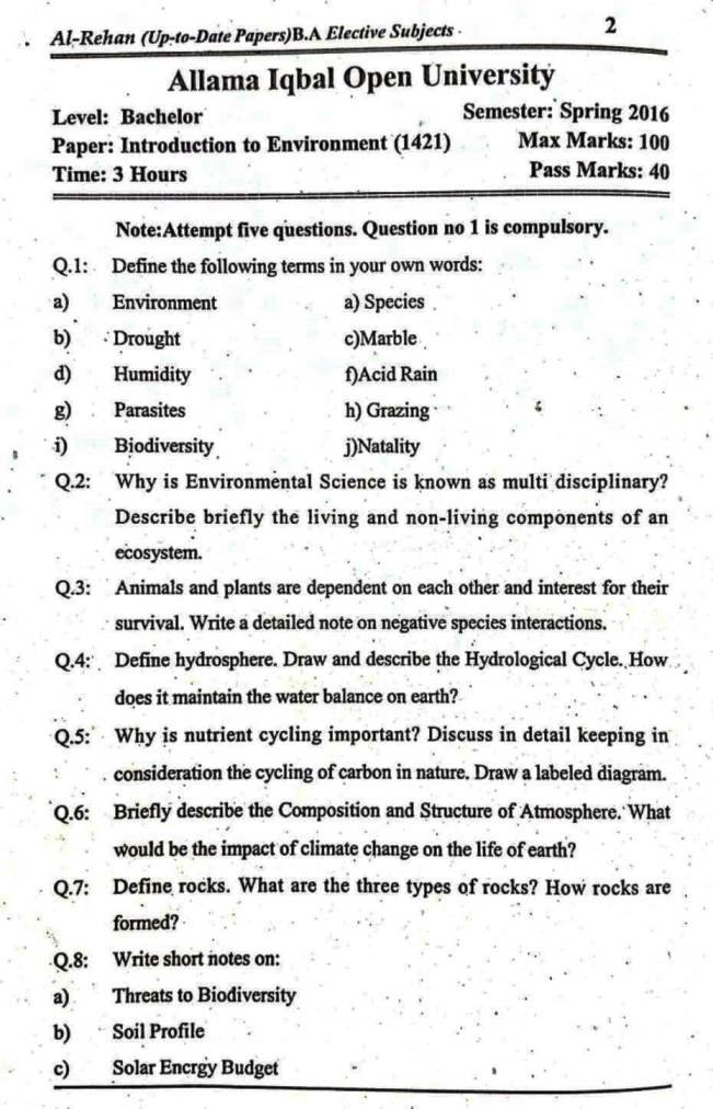 AIOU 1421 BA Past Papers